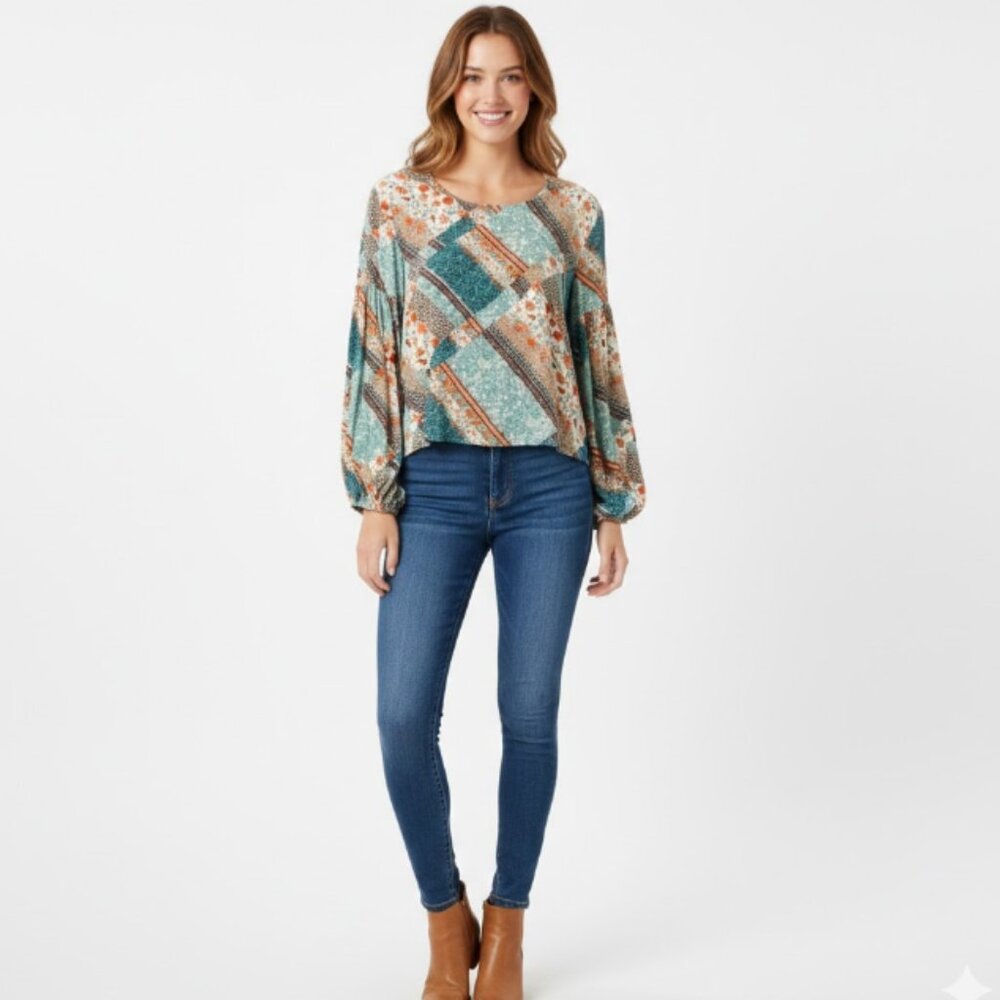 Jaase Floral Patchwork Print Round Neck‎ Boho Cottagecore Blouse Medium